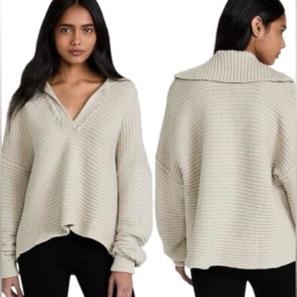 Free People Marlie Oversized V-Neck Sweater in Oatmeal - Picture 5 of 15